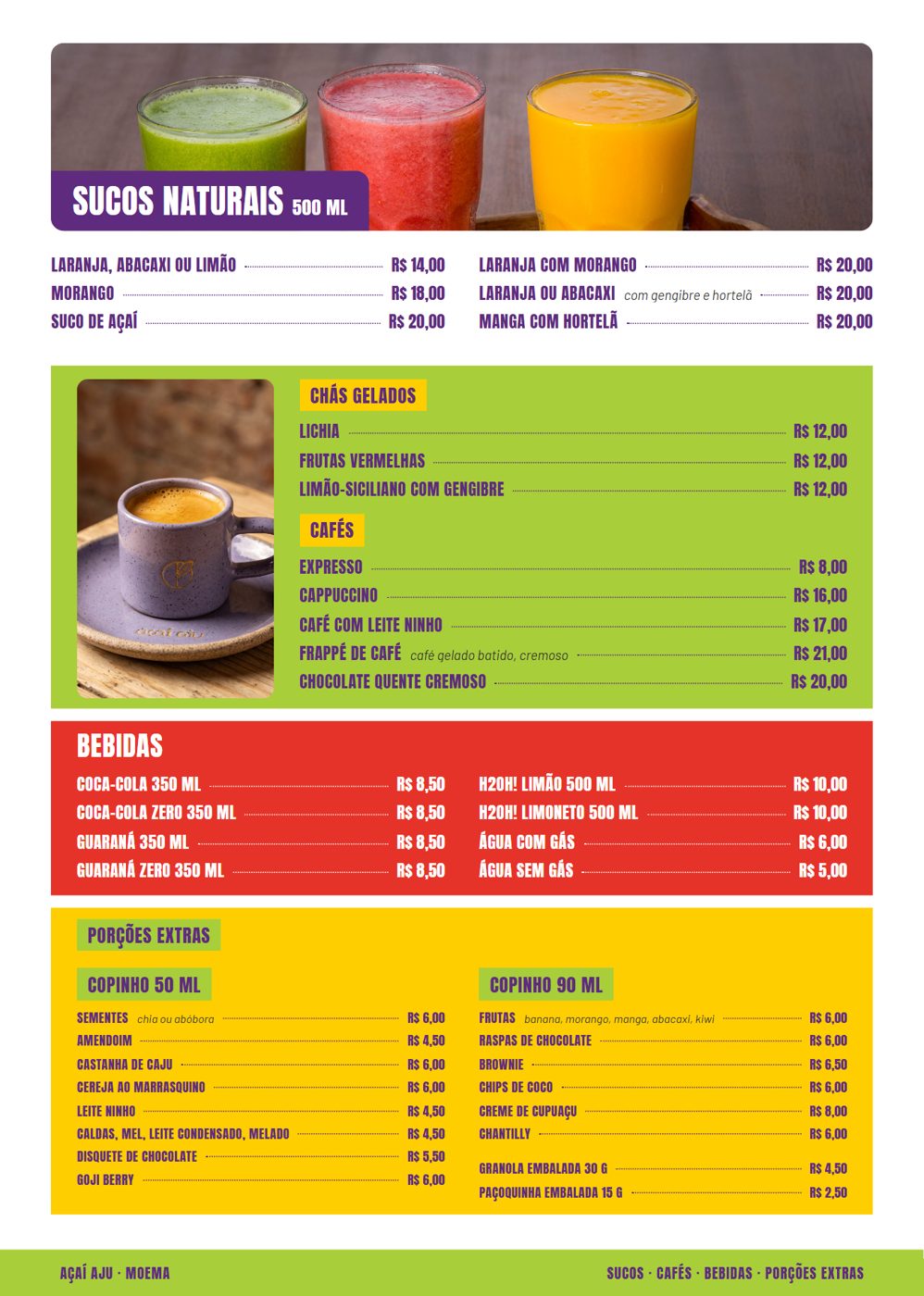 Sucos, cafés, bebidas e porções extras